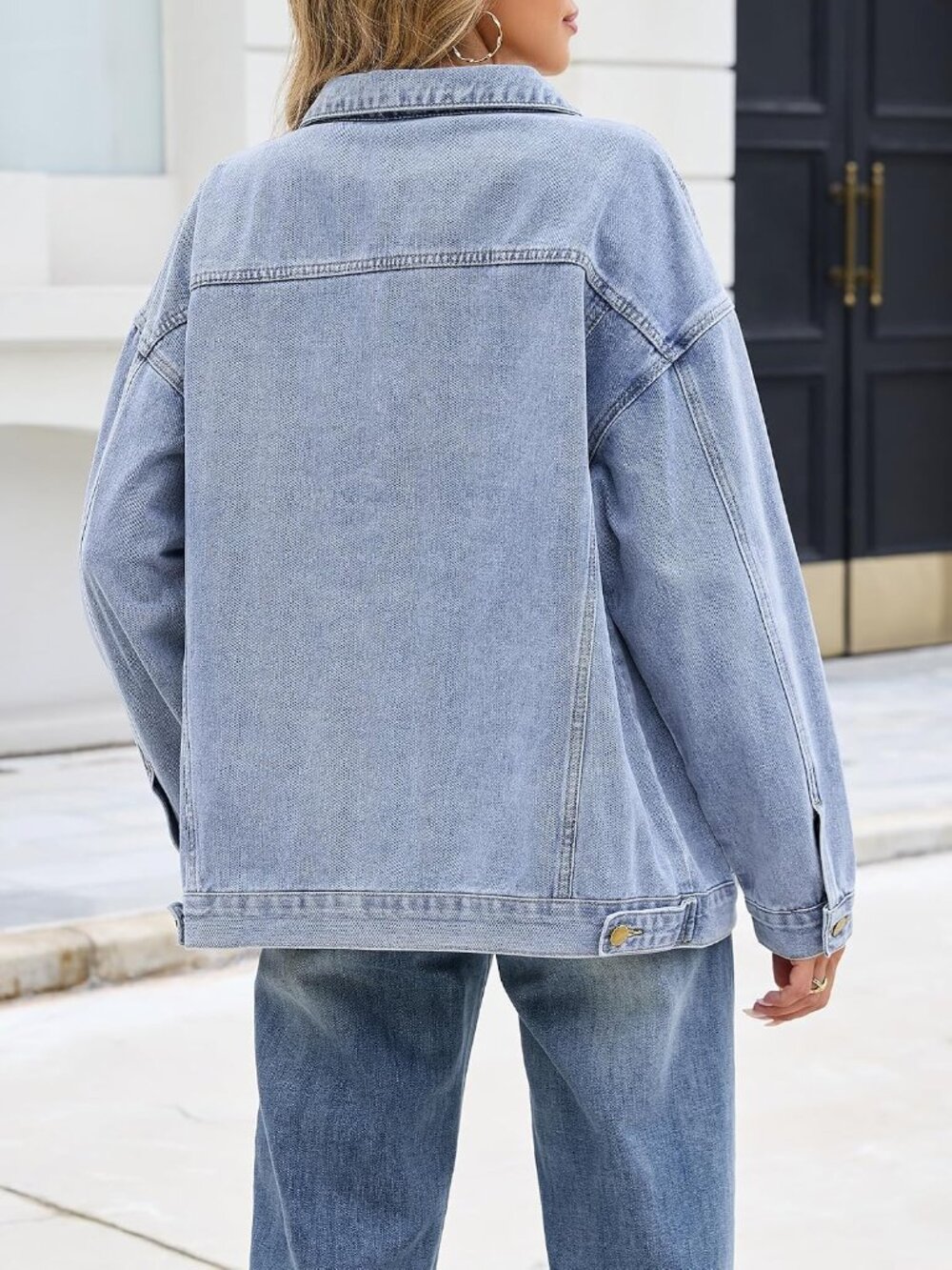 Women's Light Blue Oversized Button Down Pockets Imported Denim Jeans Jacket - Picture 4 of 7